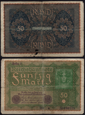 Германия 50 марок 1919 Pick 66 бумага 6293-7-2-2