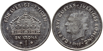 Швеция 1 крона 2005 Карл XVI Густав (1973- ) KM 894 медно-никель 93-632