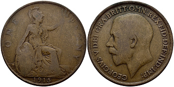 Великобритания 1 пенни 1915 Георг V (1910-1936) KM 810, Spink 4051 бронза 56-224