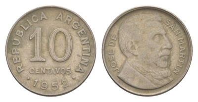 Аргентина 10 сентаво 1952 генерал Хосе де Сан Мартин KM 47 медно-никель 4655-1016