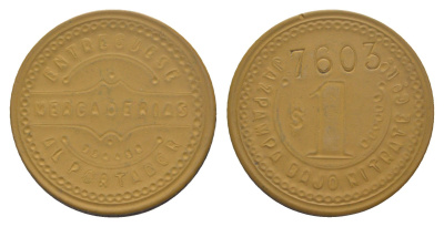 Чили, JAZPAMPA BAJO NITRATE C?.LTD, Запига (Zapiga) шахтерский жетон с Селитряного рудника для покупки в местных магазинах, номиналом в 1 песо около 1904 диаметр 20 мм, вес 2,55 гр Espinosa 145.4 эбонит (охра) 1094-3-82