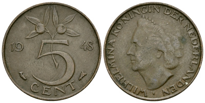 НИДЕРЛАНДЫ 5 ЦЕНТОВ 1948 ВИЛЬГЕЛЬМИНА, ГОД ТИП KM 176 бронза 45-1012
