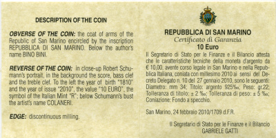 Сан-Марино 10 евро 2010 200 лет со дня рождения Роберта Шумана, коробка, сертификат KM NEW серебро PROOF 00-00