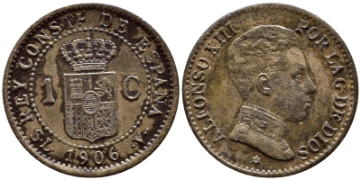 ИСПАНИЯ 1 СЕНТИМО 1906 SL-V, АЛЬФОНСО XIII (1886-1931) KM 726 бронза 4391-116