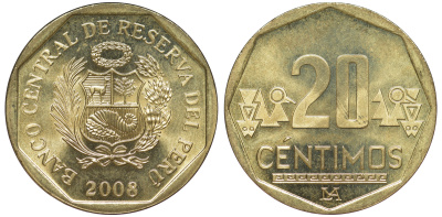 Перу 20 сентимо 2008 KM 306.4 латунь aUNC 4605-447