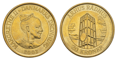 Дания 20 крон 2002 Башня Ратуши, Орхус KM 889 алюминиевая бронза UNC 4657-1242