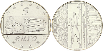 Италия 5 евро 2003 Труд в Европе KM 253 серебро UNC 06-245-41