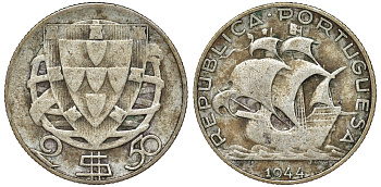 Португалия 2,5 эскудо 1944 парусник KM 580 серебро 51-3936