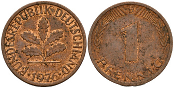 ФРГ 1 пфенниг 1976 D KM 105, J.380 сталь плакированная медью 4189-846