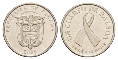 Панама 1/4 бальбоа (25 сентесимо) 2008 Рак молочной железы KM 137 медь плакированная медно-никелем UNC 4642-717