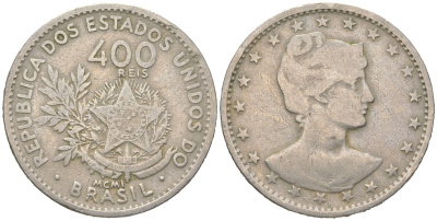 Бразилия 400 реалов 1901 MCMI, голова свободы вправо KM 505 медно-никель 4612-437