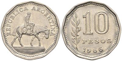 Аргентина 10 песо 1966 Гаучо KM 60, Schon 60, CJ 285 никелированная сталь    60-944