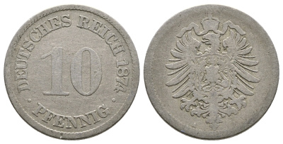 Германия 10 пфеннигов 1874 А, старогербовка, KM 4, J. 4 медно-никель 4364-2815