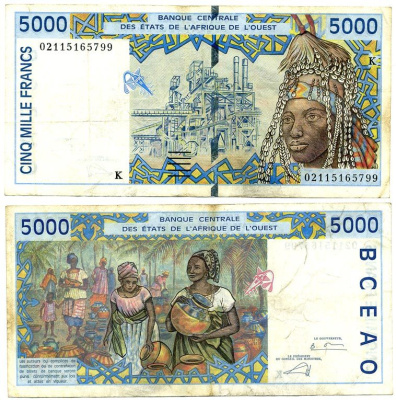 ВАЛЮТНОЕ СООБЩЕСТВО СТРАН ЗАПАДНОЙ АФРИКИ, СЕНЕГАЛ 5000 ФРАНКОВ 2002 ПОДПИСЬ 31, БУКВА К Pick 713Кl бумага 8588-59-1-2