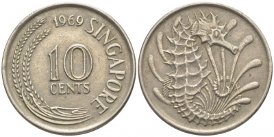 Сингапур 10 центов 1969 морской конек KM 3 медно-никель 4448-514