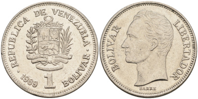 Венесуэла 1 боливар 1989 Симон Боливар KM 52а.2 сталь плакированная никелем 4116-337