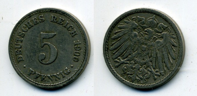 ГЕРМАНИЯ 5 ПФЕННИГОВ 1900 A, KM 11, J. 12 медно-никель 58-1144