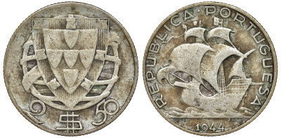 Португалия 2,5 эскудо 1944 парусник KM 580 серебро 51-3936