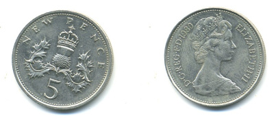 Великобритания 5 пенсов 1980 Елизавета II (1952-2022) KM 911, Spink 4233 (D1) медно-никель 4379-1456