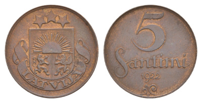 Латвия 5 сантимов 1922 KM 3 бронза 4658-1152