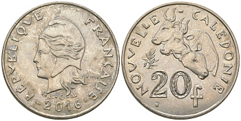 Французская Новая Каледония 20 франков 2016 три быка, (IEOM) KM 12a, Schoen 14a, Lec 115j медно-никель 84-1422