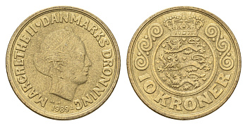 Дания 10 крон 1989 NR, Маргрете II (1972-2024) KM 867 алюминиевая бронза 119-1225