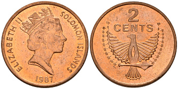 Соломоновы Острова 2 цента 1987 Елизавета II (1953-) KM 25 сталь плакированная бронзой aUNC 4561-313
