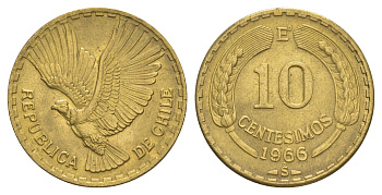 Чили 10 сентесимо 1966 KM 191 алюминиевая бронза 4641-447
