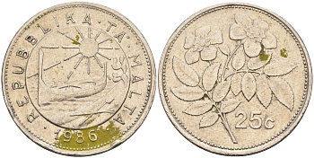 Мальта 25 центов 1986 шиповник вечнозелёный KM 80 медно-никель 4586-1247