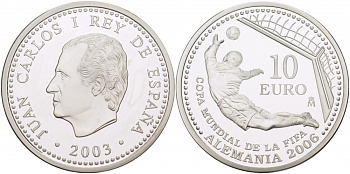 Испания 10 евро 2003 чемпионат мира по футболу в Германии 2006, вратарь, гол KM 1076 серебро PROOF 11-163-15