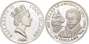 Острова Кука 50 долларов 1990 500 лет открытия Америки, Сэр Френсис Дрейк KM 45 серебро PROOF 1085-7-63