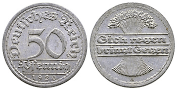 ГЕРМАНИЯ 50 ПФЕННИГОВ 1920 А KM 27, J. 301 алюминий 4380-554