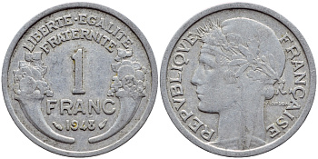 ФРАНЦИЯ 1 ФРАНК 1948 ТИП MORLON, LEGERE KM 885a.1, LE FRANC 221.13 алюминий 4397-655