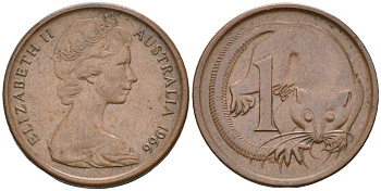 Австралия 1 цент 1966 опоссум, Елизавета II (1952-) KM 62 бронза 4580-325