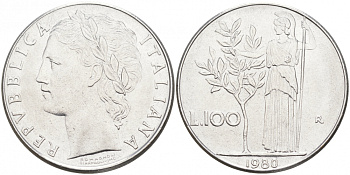 ИТАЛИЯ 100 ЛИР 1980 R АФИНА KM 96.1 сталь 3855-825