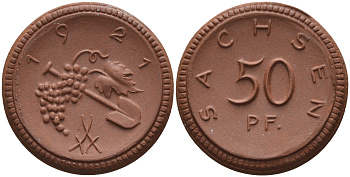 Саксония 50 пфеннигов 1921 виноград и лопата J. N 54 фарфор 1094-5-22