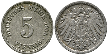 Германия 5 пфеннигов 1908 A KM 11, Jager 12, Weege 6 медно-никельь 39-935