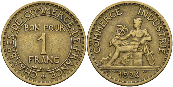 Франция 1 франк 1924 KM 876, Le Franc 218.5 алюминиевая бронза 4142-745