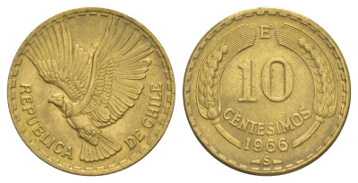 Чили 10 сентесимо 1966 KM 191 алюминиевая бронза 4641-447