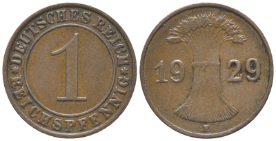 ГЕРМАНИЯ 1 РЕЙХСПФЕННИГ 1929 Е KM 37, J. 313 бронза 100-911