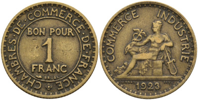 Франция 1 франк 1923 KM 876, Le Franc 218.5 алюминиевая бронза 4142-737