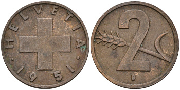 Швейцария 2 раппена 1951 В KM 47 бронза 4591-611