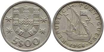 ПОРТУГАЛИЯ 5 ЭСКУДО 1964 ПАРУСНИК KM 591 медно-никель 4395-851