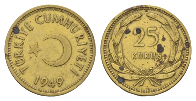 Турция 25 курушей 1949 KM 886 латунь 83-1824