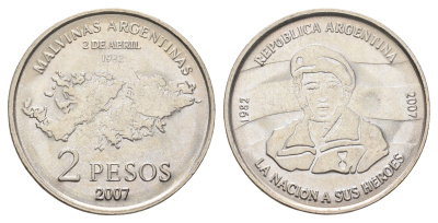 Аргентина 2 песо 2007 25 лет оккупации Фолклендских островов KM 144 медно-никель BU 4661-243