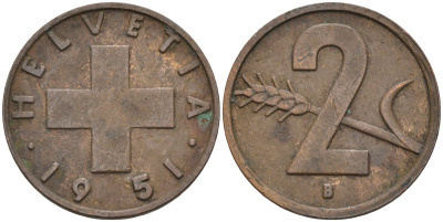 Швейцария 2 раппена 1951 В KM 47 бронза 4591-611