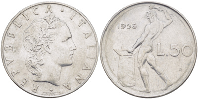 Италия 50 лир 1956 R, бог огня Вулкан у наковальни KM 95.1 нержавеющая сталь 84-256