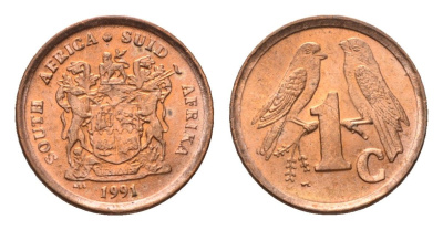 ЮАР 1 цент 1991 герб, капские воробьи KM 132 сталь плакированная медью UNC 4690-1264