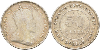 Стрейтс-Сетлментс 50 центов 1907 Эдуард VII (1901-1910), медальный тип KM 24 серебро 1523-1242