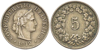 ШВЕЙЦАРИЯ 5 РАППЕНОВ 1912 В KM 26 медно-никель 3955-1128